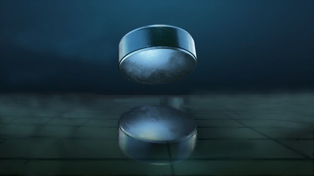 Hockey puck in flight on a blue background 3D.Texture or background
