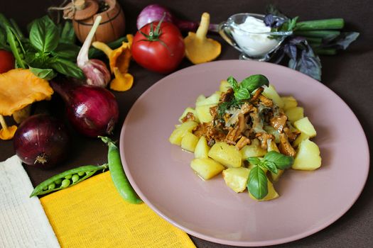 Fried potatoes with chanterelle mushrooms.Texture or background