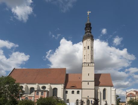 St. Pauls church in Historic old town of Zittau, Saxony, Germany. Summer sunny day, blue sky.