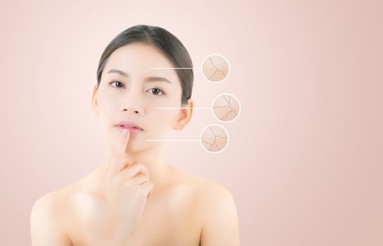skincare and health concept - beautiful asian young woman face with wrinkles over circles for advertising.