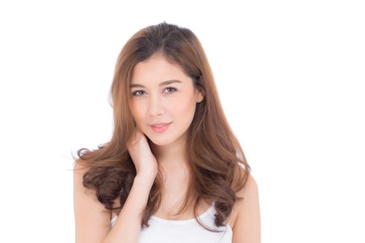 Beautiful girl with makeup, woman and skin care cosmetics concept / attractive asia girl on face isolated on white background.