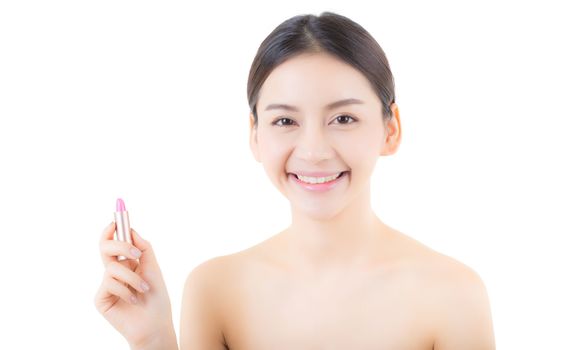 Lips makeup asian woman with lip balm care. Beauty Asian girl holding lipstick with happy. cosmetics beauty concept.