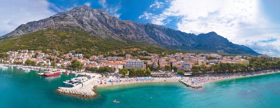 Adriatic town of Baska Voda beaches and waterfront aerial panoramic view, Dalmatia region of Croatia