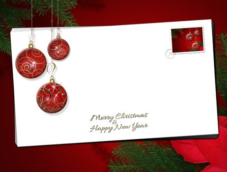 Christmas 2021 New Year background. Xmas decorations and fir branches on red background, flat lay, blank space for a greeting text. 3D illustration