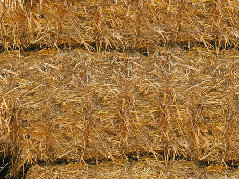 Straw was pressed into large bales lying on top of each other.Texture or background.