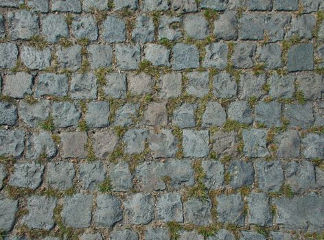 The roadway lined with stone sprouted grass.Texture or background.