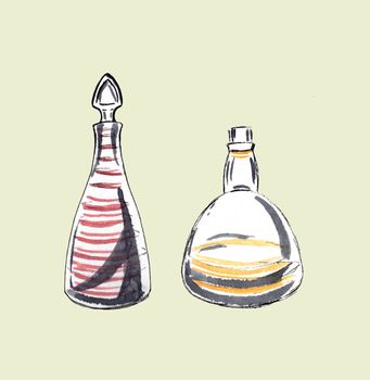 Decorative bottles isolated on light background. Set of Retro glass. Watercolour hand-drawn illustration