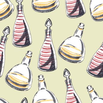 Retro bottles isolated on light background. Seamless pattern. Hand-drawn watercolor sketch. 