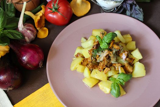 Fried chanterelles with potatoes and sauce.Texture or background