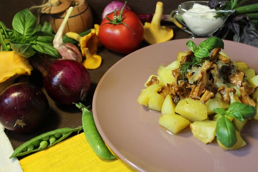 Ready-made dish with fried potatoes and mushrooms in a rustic way