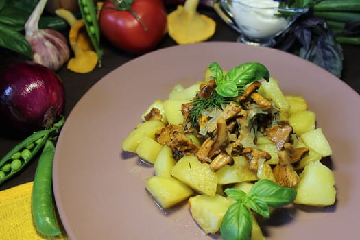 On a plate of dishes fried potatoes with chanterelles
