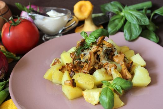 Cooked mushrooms with potatoes in a rustic way.Texture or background