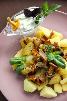 Homemade food country style potatoes with fried chanterelles