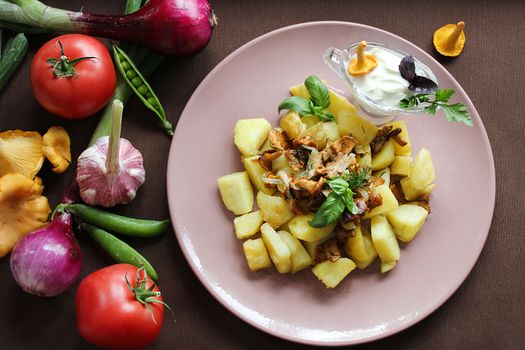Cooked mushrooms with potatoes in a rustic way.Texture or background