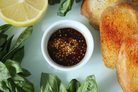 Fried French baguette with sauce.Texture or background