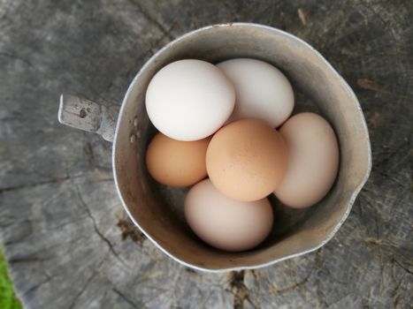 Village chicken eggs yellow and white lie in a pot .Texture or background