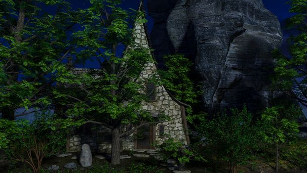 Stoned house in a fairytale forest at moonlight - 3d rendering