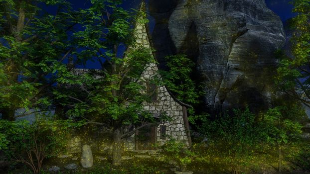 Stoned house in a fairytale forest at moonlight - 3d rendering