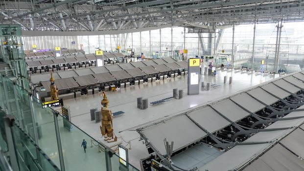 Bangkok, Thailand - August 14, 2020 : Atmosphere in the airport at Suvarnabhumi Airport during COVID-19 epidemic situation. No passengers because of Coronavirus pandemic and airport Lockdown