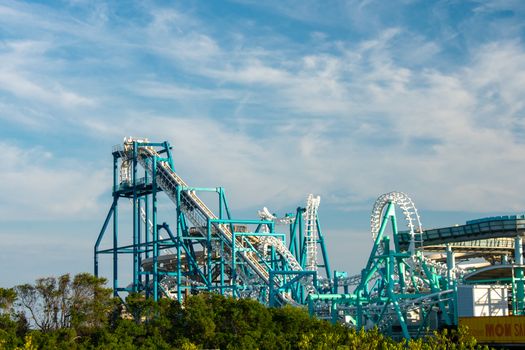 A Large Blue and White Metal Rollercoaster on the Wildwood Boardwalk in New Jersey