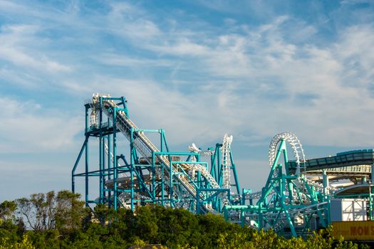 A Large Blue and White Metal Rollercoaster on the Wildwood Boardwalk in New Jersey