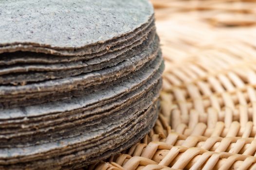 Blue corn tortillas, stacked, Mexican food.