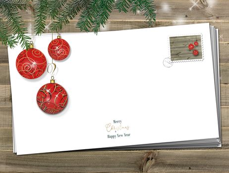 New Year Christmas wooden background with red balls and fir branches. Mockup. Place for text. 3D illustration