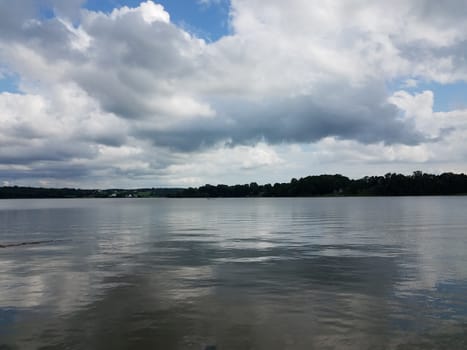 lake or pond or river water with clouds in sky