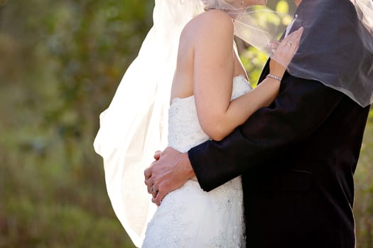 Bride and groom embrace under her veil in soft light in a garden after their wedding