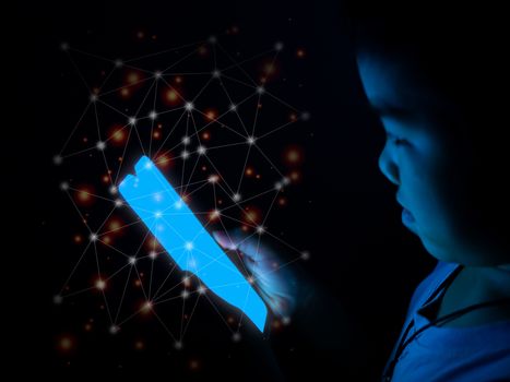 Boy holding the phone screen blank And there is a hologram on the connecting line representing digital communication. internet and communication concept of social media.