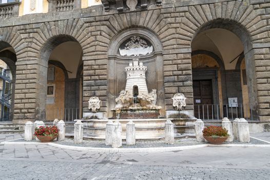 nepi,italy september 26 2020:fountain on the common building in square of common in Nepi