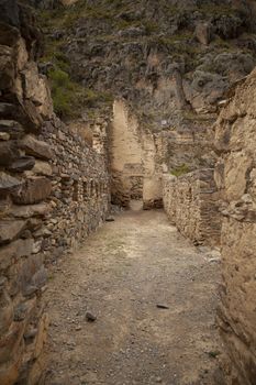 Ollantaytambo, Peru - April 4, 2014: Ollantaytambo Archaeological Site, ruins and constructions of ancient Incas, near the Vilcanota river valley, Peru.