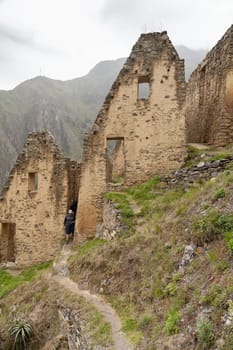 Ollantaytambo, Peru - April 4, 2014: Ollantaytambo Archaeological Site, Pinkuylluna ruins and constructions of ancient Incas, near the Vilcanota river valley, Peru.