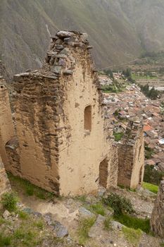 Ollantaytambo, Peru - April 4, 2014: Ollantaytambo Archaeological Site, Pinkuylluna ruins and constructions of ancient Incas, near the Vilcanota river valley, Peru.