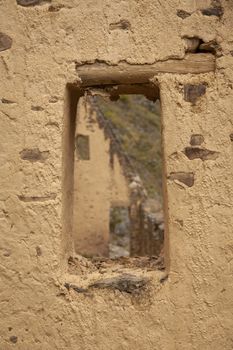 Ollantaytambo, Peru - April 4, 2014: Ollantaytambo Archaeological Site, Pinkuylluna ruins and constructions of ancient Incas, near the Vilcanota river valley, Peru.