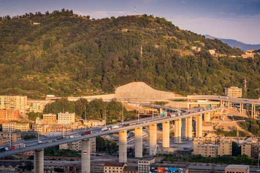 Top view at sunset of the new San Giorgio bridge in Genoa, Italy.