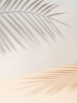 Palm leaf shadows on white wall and cream pastel floor. Abstract background of shadows palm leaves for creative summer mock-up. Neutral tropical palm mockup on light backdrop. Vertical