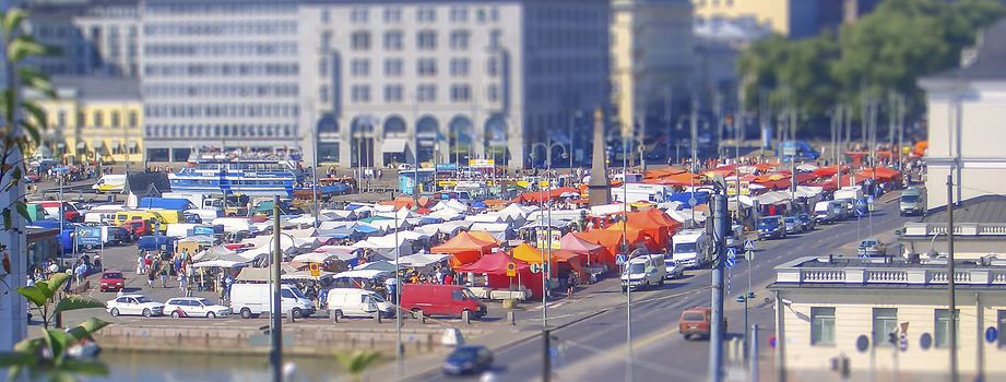 Aerial View of the Market Square (Kauppatori), Helsinki, Finland. Tilt-shift effect applied