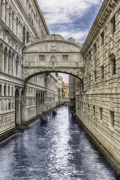View over the iconic Bridge of Sighs, one of the major landmark and sightseeing in Venice, Italy