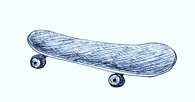 Skateboard ,longboard, pennyboard isolated on white background. Engraved style illustration for poster, decoration or print. Hand drawn sketch. Detailed vintage etching drawing.