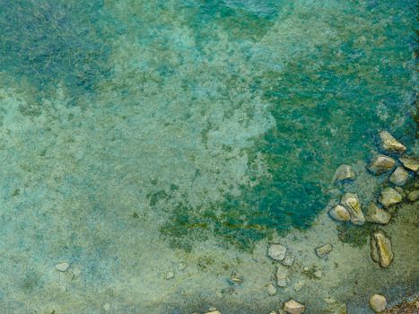 Drone shot over water. Background of lake. Birds view