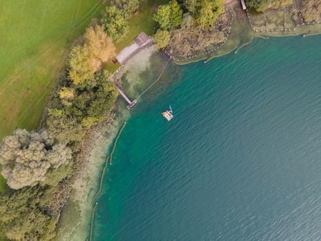 Drone shot over water. Background of lake. Birds view