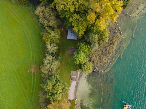 Drone shot of pasture near a lake. Copy space