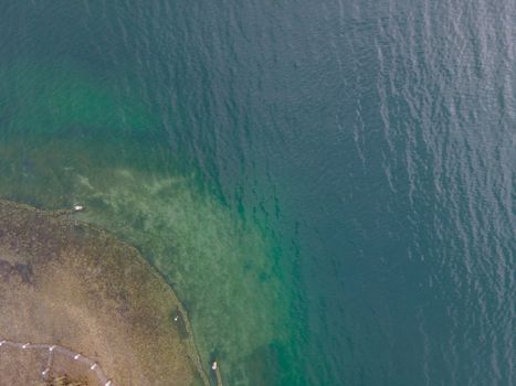 Drone shot over water. Background of lake. Birds view