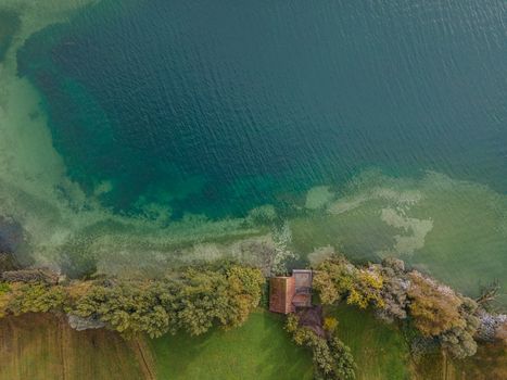 Drone shot over water. Background of lake. Birds view