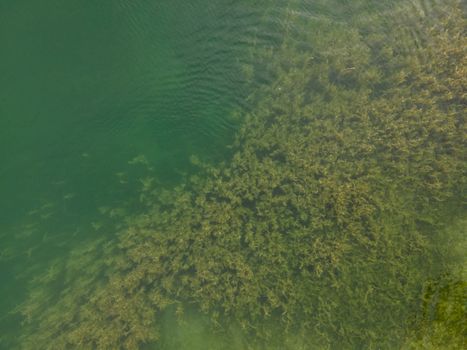 Drone shot over water. Background of lake. Birds view