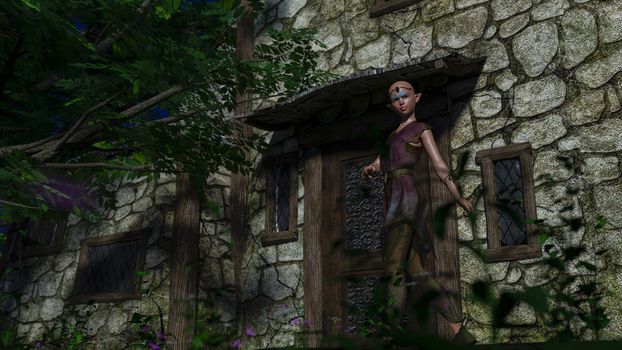 Forest elf with no hair in front of the house in the forest - 3d rendering