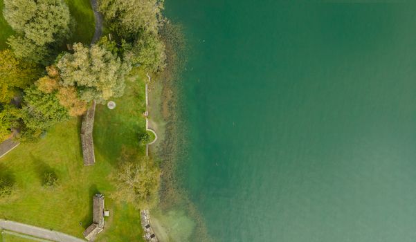 Drone shot over water. Background of lake. Birds view