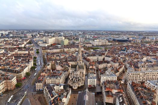 Nantes, France: 22 February 2020: Aerial view of Nantes showing Saint Nicolas Basilica