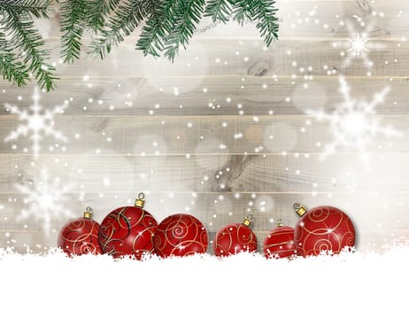 Christmas balls, fir branches, snowflakes on wooden background. Place for text, mockup, 3D illustration